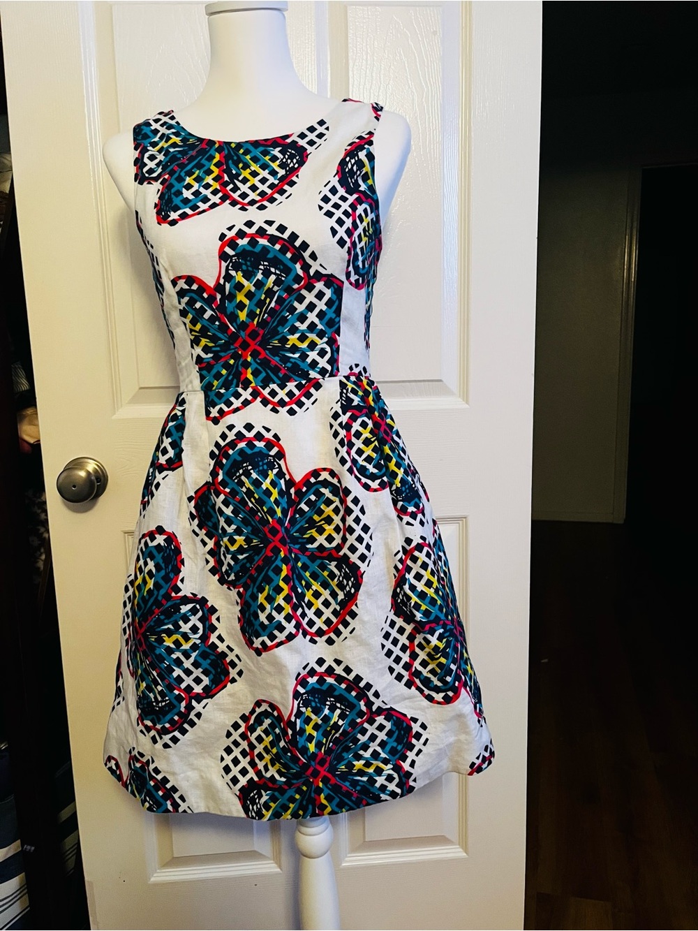 Kaari Blue White Mini Dress with Blue, Red, Yellow & Black Floral Lattice